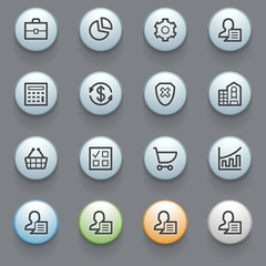 Business icons with color buttons on gray background.