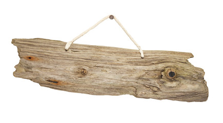 isolated Driftwood wooden sign board on string - obrazy, fototapety, plakaty