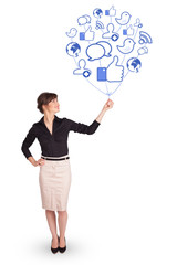 Happy lady holding social icon balloon