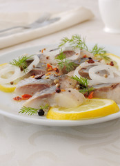 Slices of salted herring with onion, lemon and spices