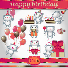 Cats Vector color icons. 8 Symbols Set: happy birthday