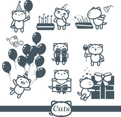 Cats color icons. 8 Symbols Set: happy birthday