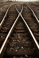 Railway in fog on station, outdoor landscape