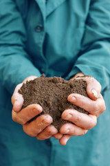 Soil in hands of agricultural worker