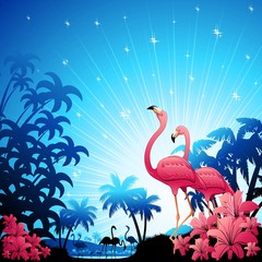 Fototapeta premium Pink Flamingos on Blue Tropics-Fenicotteri Rosa