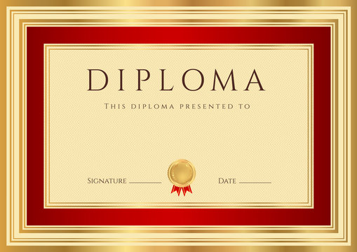 Certificate / Diploma template. Golden, red borders