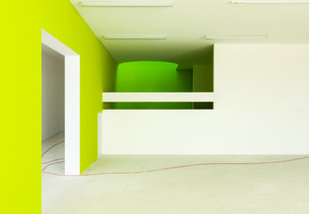 building under construction, interior, walls green