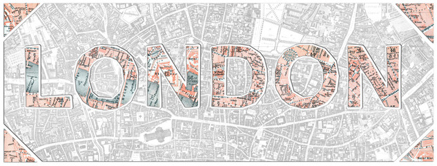 Fototapety  Słowo Londyn wycięte ze starej zeskanowanej mapy z 1908 r.