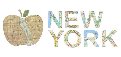 New York words and big apple cut from an old New York map