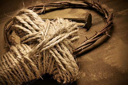 rope cross, crown of thorns and nails