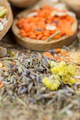 Wooden spoons with different kinds of groats