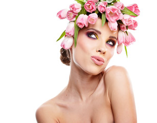 beauty woman portrait with wreath from flowers on head over whit