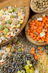 Wooden spoons with different kinds of groats