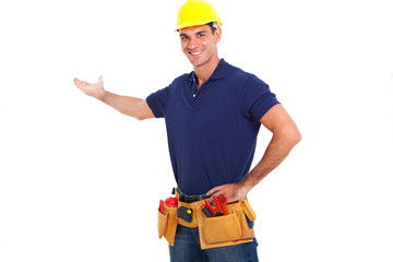 smiling handyman on white background