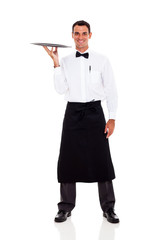 happy waiter isolated on white