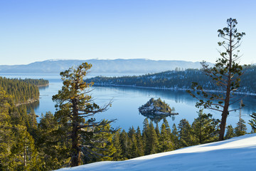 Emerald Bay in winter with snow at Lake Tahoe, California