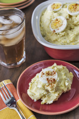 Mashed potato salad with iced tea