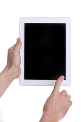 Hands Holding and Using a Tablet Touch Computer Gadget