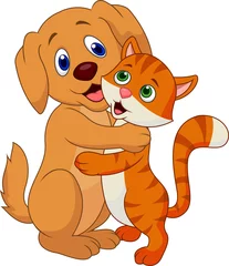 Wandcirkels tuinposter Schattige hond en kat omhelzen elkaar © tigatelu