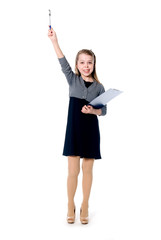 Young cheerful girl with a raised pen.