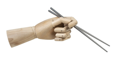 Wooden Hand Holding Metal Chopsticks