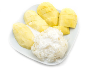 Glutinous rice with mangoes isolated on white