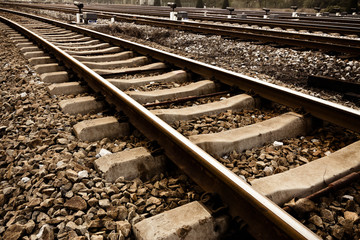 Railway in fog on station, outdoor landscape