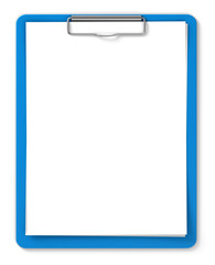 Blue clipboard with blank sheets of paper