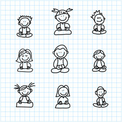hand drawing cartoon happy people meditation on graph paper