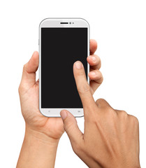 Hands are holding and point on White Smart Phone