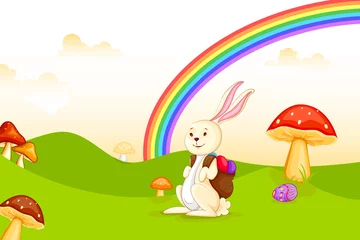 Keuken foto achterwand Sprookjeswereld vectorillustratie van konijntje met paasei in de tuin