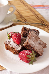 Delicious Chocolate Brownie and Strawberry with cocoa milk