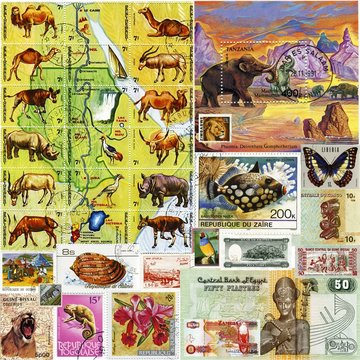 Африка.Коллаж из африканских банкнот и гашенных марок.