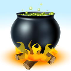 Witch cauldron on fire