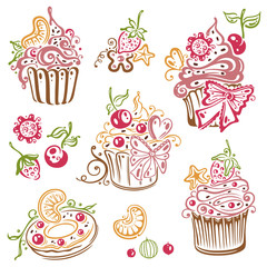 Geburtstag, Kaffee, Kuchen, Muffins, vector set