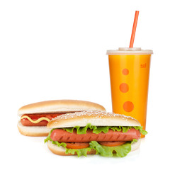 Fast food drink and two hot dogs