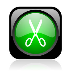 scissors black and green square web glossy icon