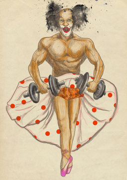 Ugly bodybuilder with dumbbells dressed as a ballerina