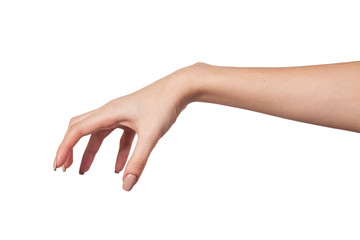 Female hand reaching for something on white