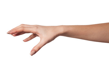 Female hand reaching for something on white