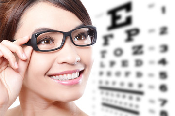 woman with glasses and eye test chart