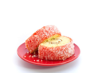 Strawberry yam roll on the red dish