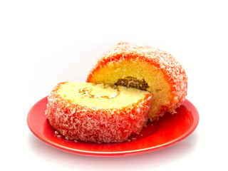 Strawberry yam roll on the red dish