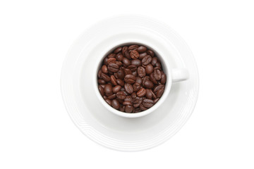 cup of coffee with coffee bean inside from top view