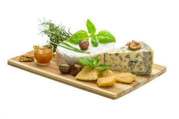 Assorted cheese - brie, dor blue and hard old yellow cheese