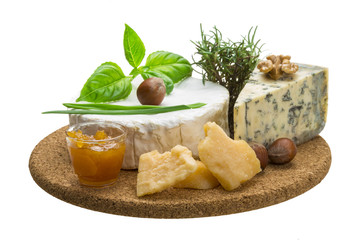 Assorted cheese - brie, dor blue and hard old yellow cheese