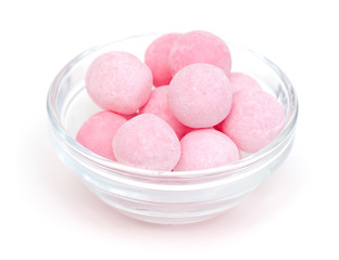 pink candies in a glass bowl