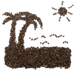 Ocean beach silhouette fulfilled with coffee beans