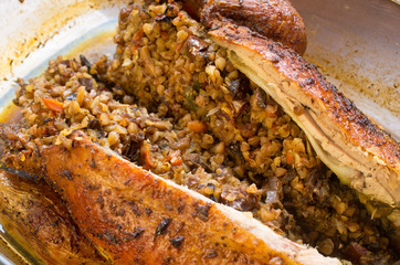 Roasted duck stuffed with buckwheat