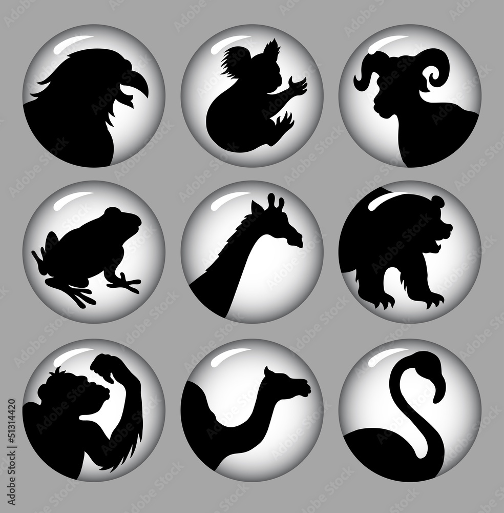 Wall mural Animal Silhouettes 2, black and white icons.